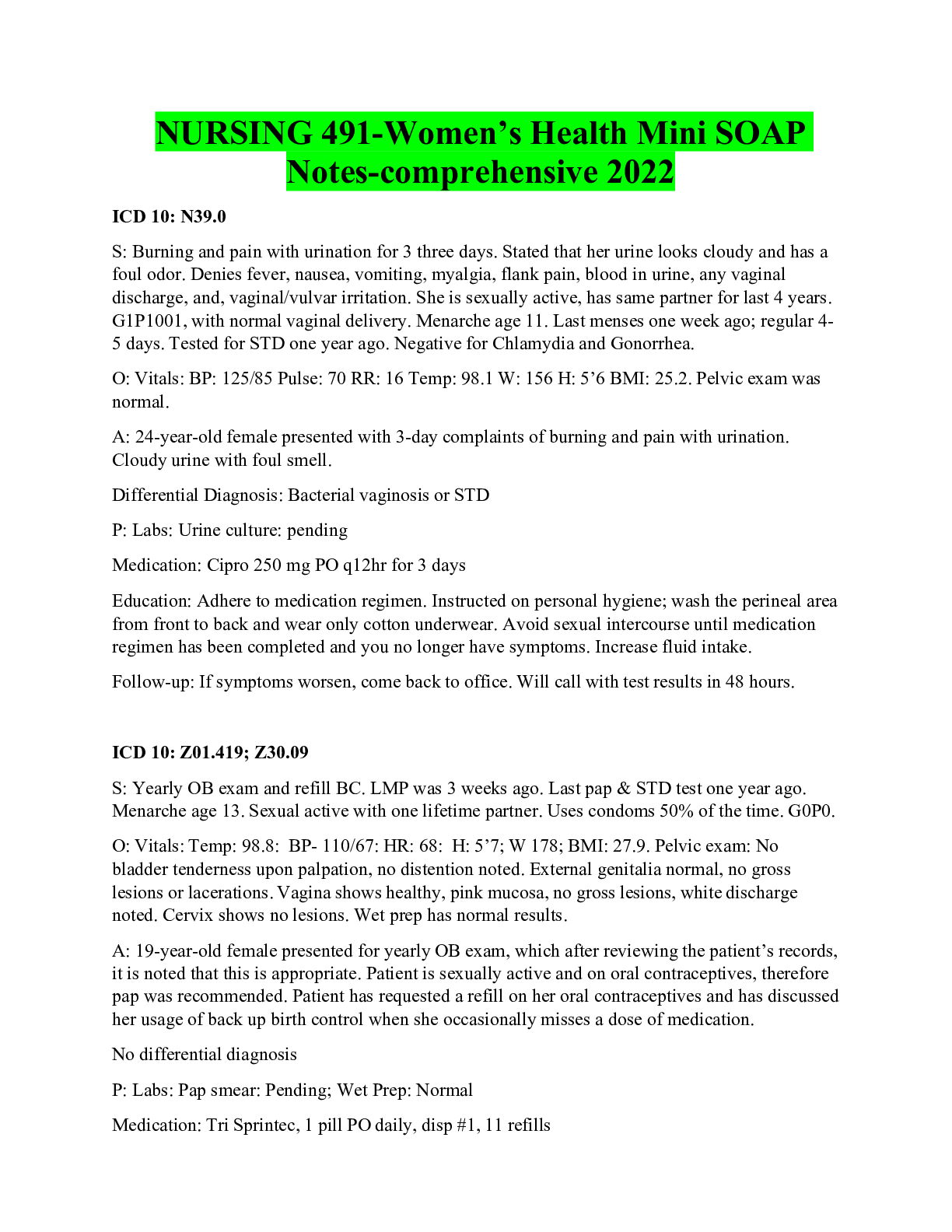 Preview of NURSING 491-Women’s Health Mini SOAP Notes-comprehensive 2022
